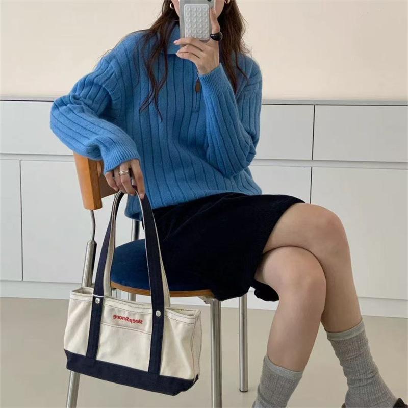 Korean version lapel double zipper pit striped thin knitted cardigan women's autumn and winter new Polo collar versatile sweater women's clothing