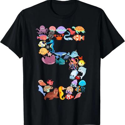 Divertida Camiseta para Niño de 5º Cumpleaños Tema Animales Marinos del Océano 5 Años