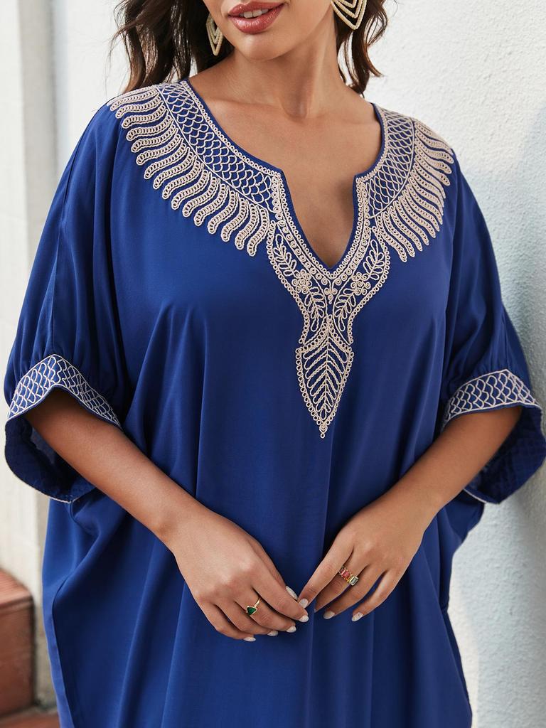 2024 Cotton Embroidered Plus Size Beach Cover-Up Dress