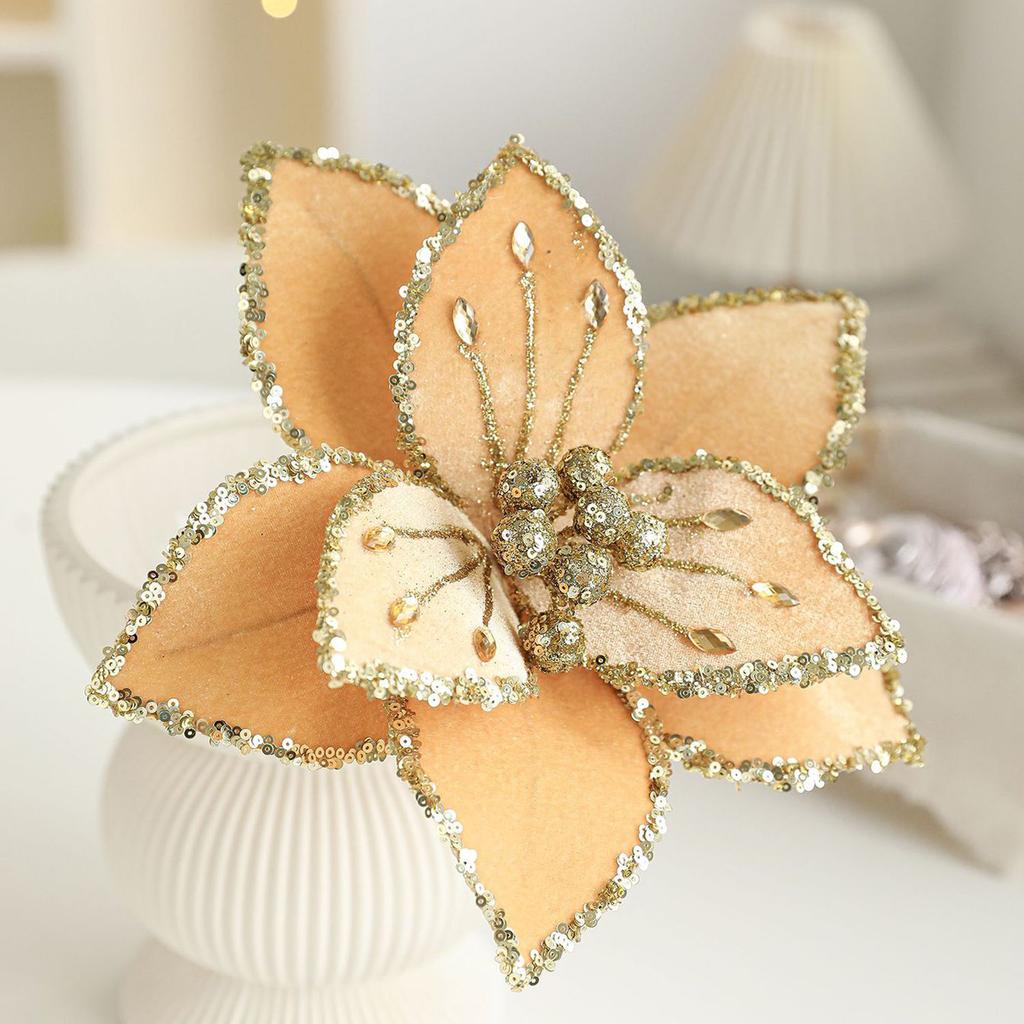 26CM High-end Fabric Christmas Flower Simulation Flower Sticky Powder Gold Powder Flower Arrangement Christmas Tree Wreath Decoration