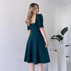 2024 Summer French Retro Square Neck Puff Sleeve Solid Color Waist-Hugging Dress