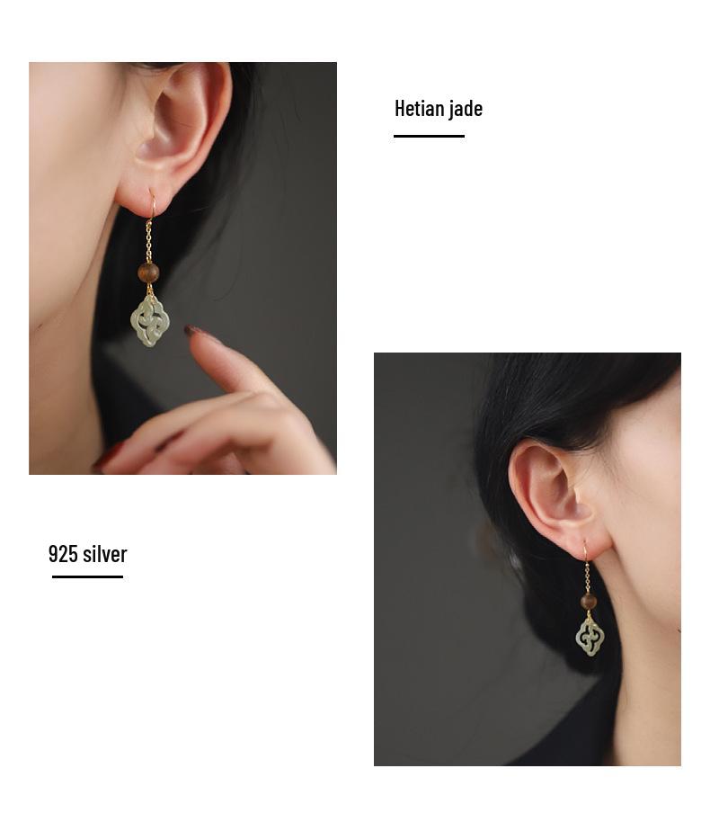 Handmade Chinese-Style Hetian Jade & Agarwood Earrings with Ear Hooks - Versatile Design for Women