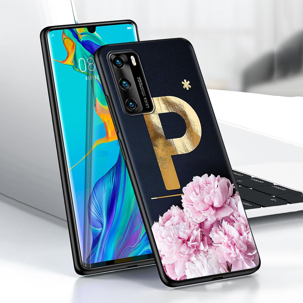 Golden Letter Flower Case for Huawei P30 P Smart Z P40 Lite E P20 Y6 Y7 Y9 2019 Honor 8X Play 9A 50 20 9X Pro Black Soft Cover