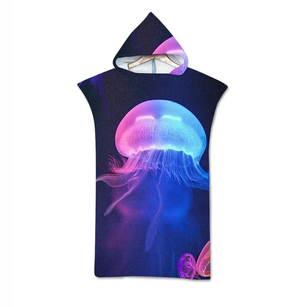 Jelly Fish Bath Beach Towel with Hood Microfiber Soft Hooded Robe Towel Poncho for Swimming Beach Surf Woman Bathrobe Beachwear