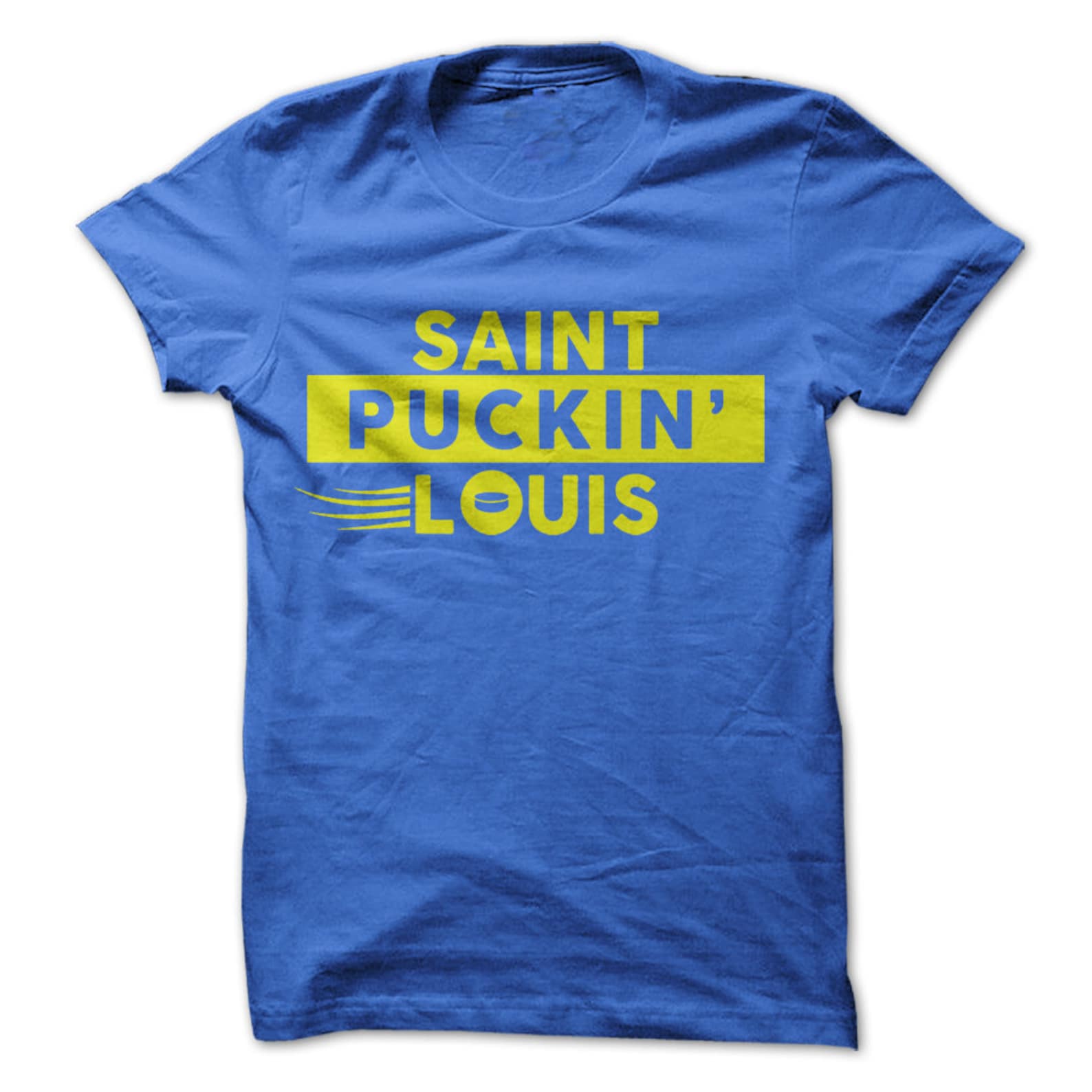 Saint Puckin  Louis T-Shirt Design - Blue T-shirt with Yellow Print L
