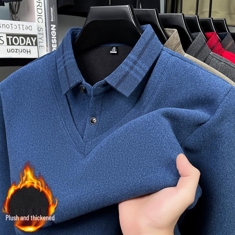 Men's Winter Knit Shirt with Velvet Thickened Layer and Collar
