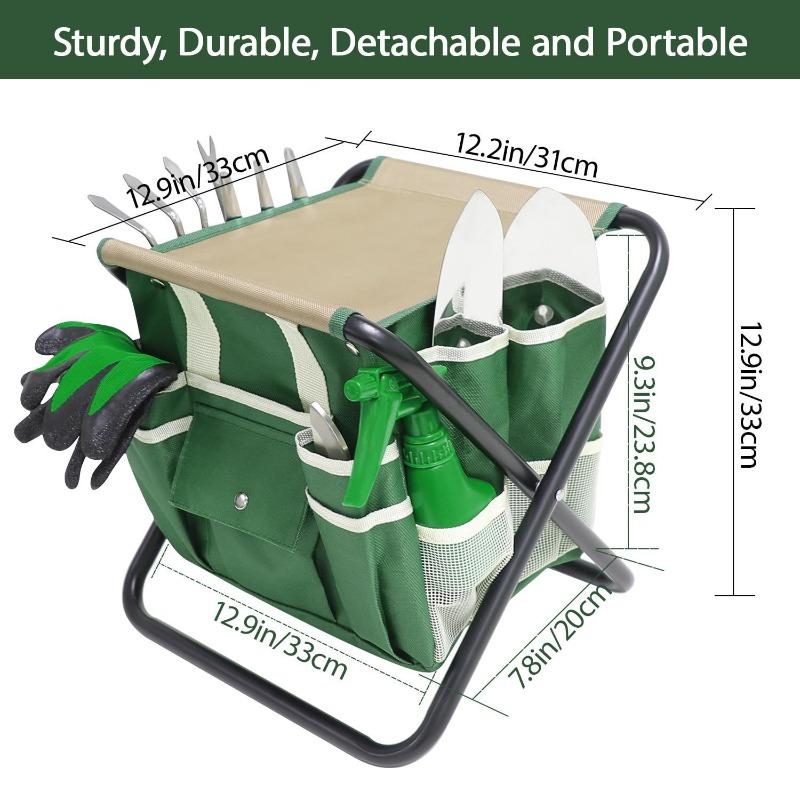 10Pcs Gardening Tool Set Folding Stool Storage Tote Bag Stainless Steel Wooden Handle Planting Weeding Yard Kit