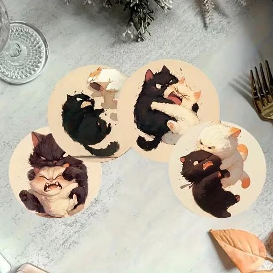 6Pcs Cute Wooden Cat Coaster, Cartoon Heat Insulation Mats for Table, Non Slip Drink Coasters for Coffee Cups