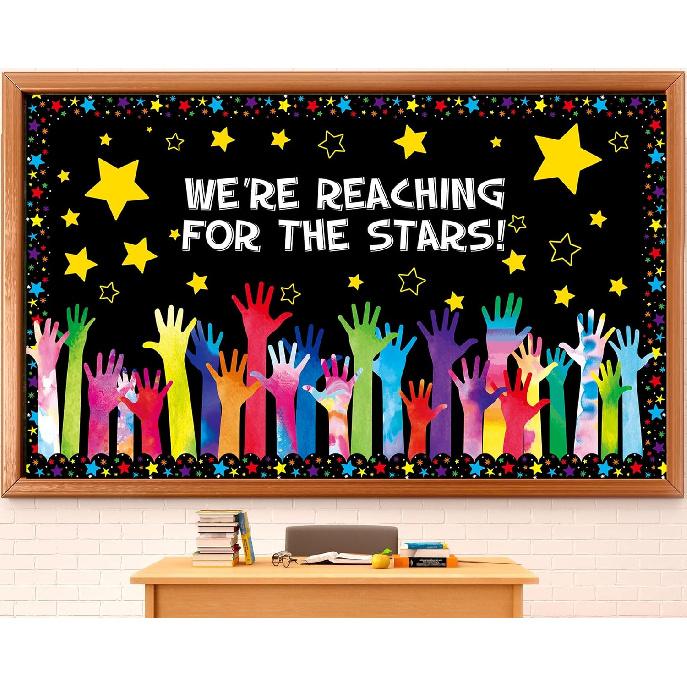 Достигай звезд Набор для доски объявлений Добро пожаловать обратно в школу Доска объявлений Цветные звезды Вырезки ладошек для вдохновляющей Мотивационной Классной комнаты
