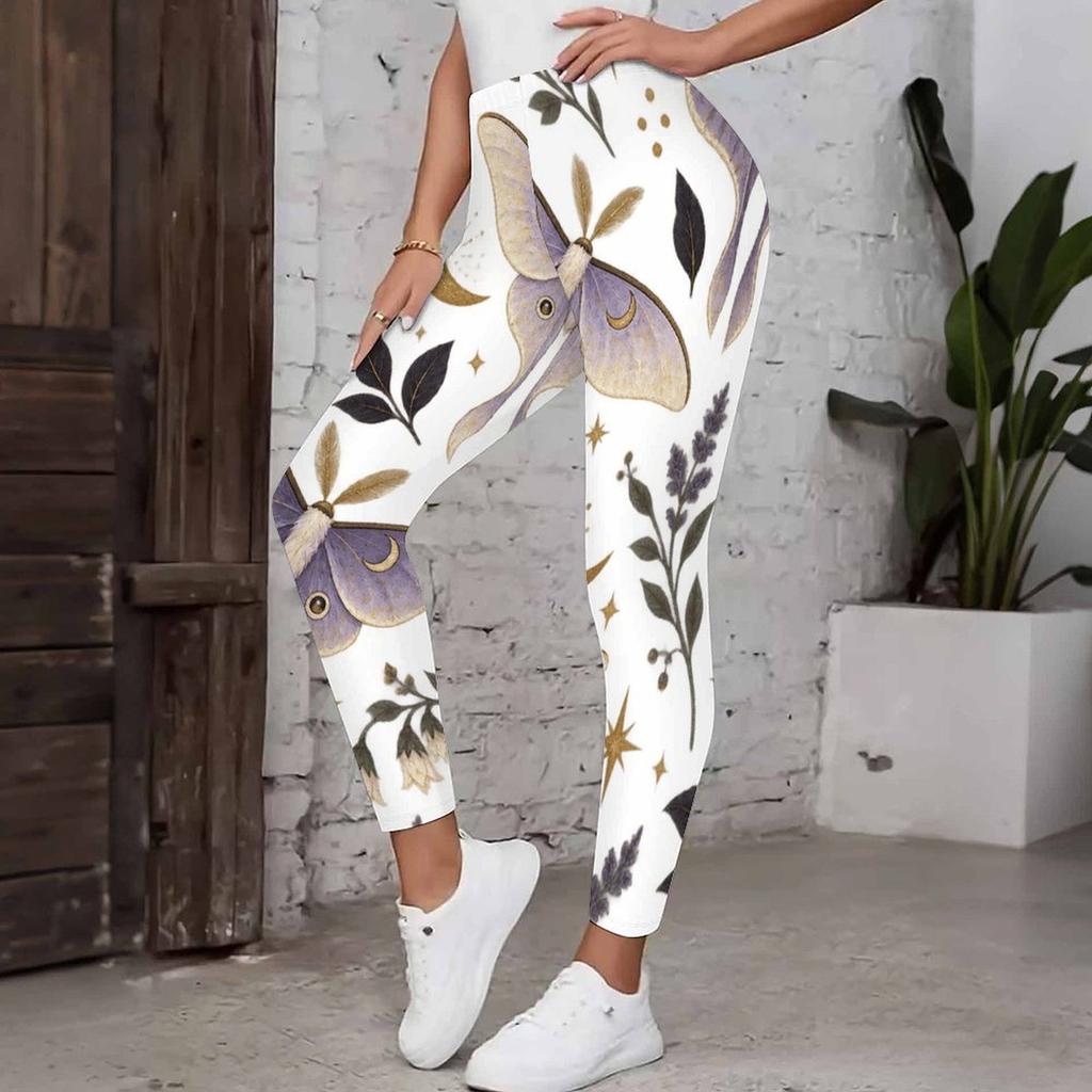 Women Plus Size High Waist Full Length Fitted White Printed Mushroom Floral Yoga Leggings