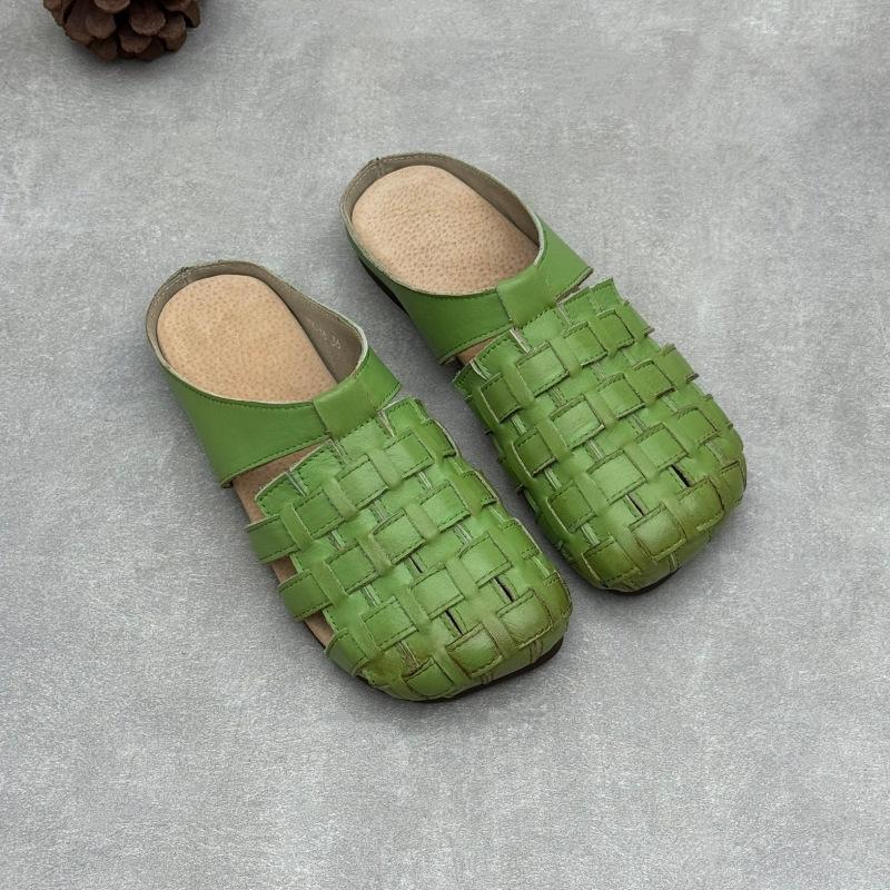 Johnature Genuine Leather Woven Slippers Handmade Comfortable Breathable Soft Soled Women's Slip-on Shoes