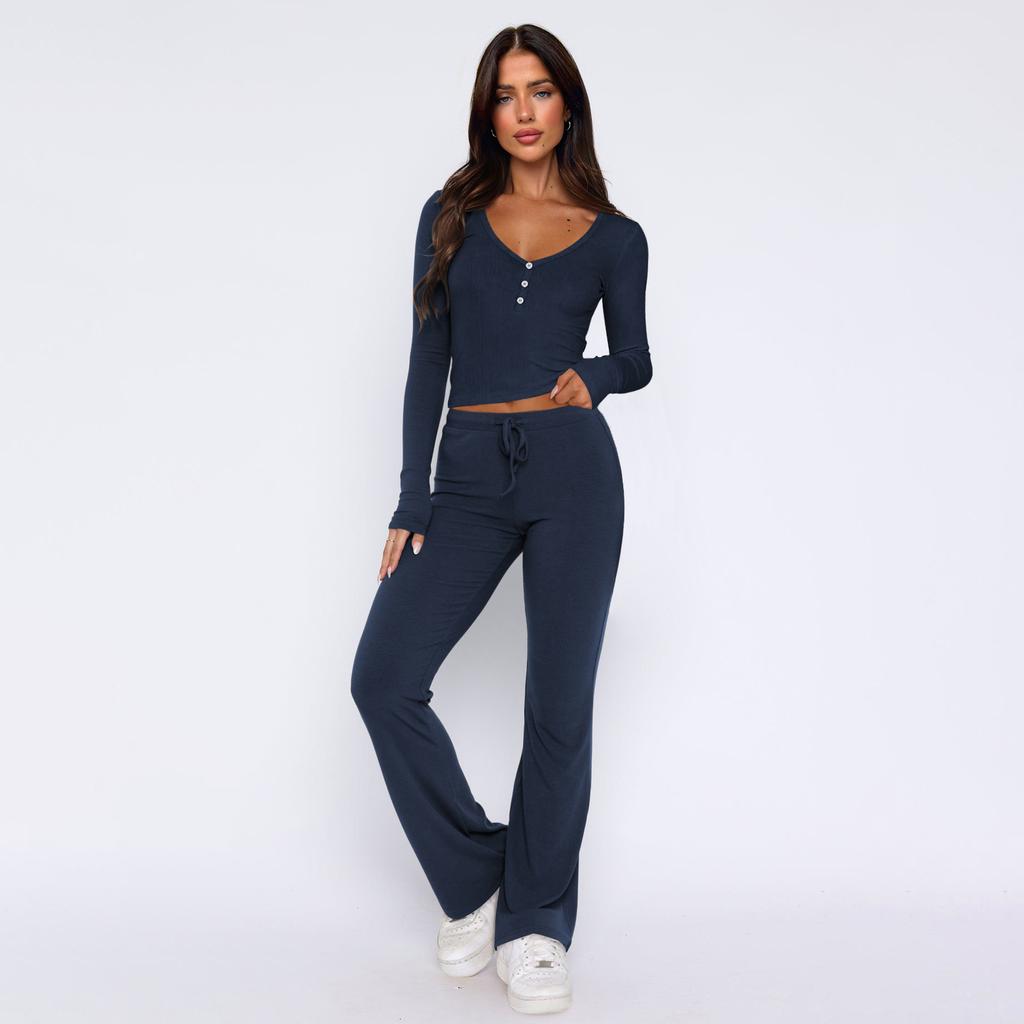 Autumn and Winter Women's Short Slim Button Long Sleeve Top Pants Set