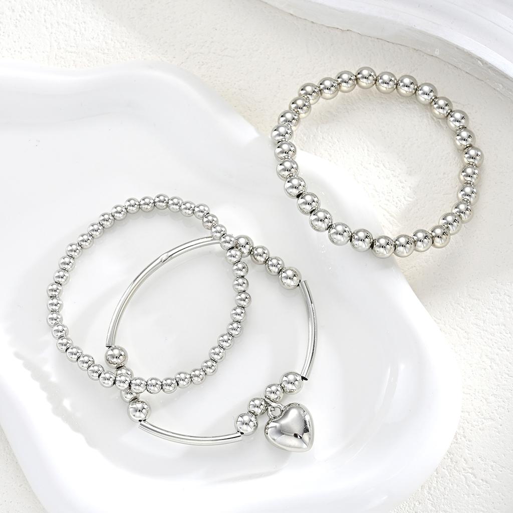 3 Pcs/Set Fashion Heart Pendant Bracelets Set for Women Vintage Simple Silver Color Ball Beaded Bracelets Bangles Jewelry Gifts