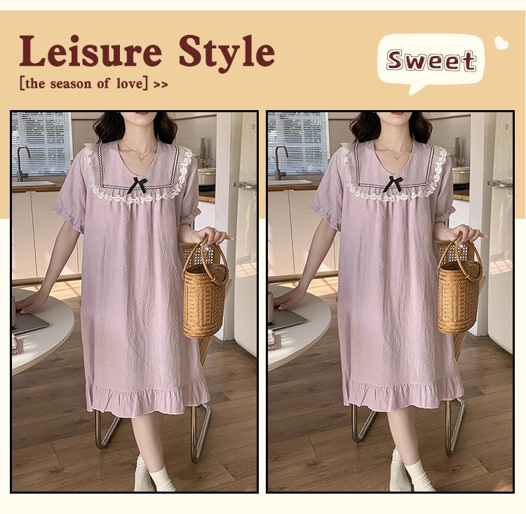 2026 Summer Princess Style Embossed Cotton Nightgown with Bra Pads - Women's Long Short-Sleeve Home Dress