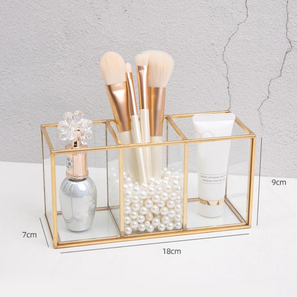 Makeup Brush Storage Box Transparent Glass Cosmetic Brushes Storage box with 3 Slots Durable and Clean Eyeliners Display Case
