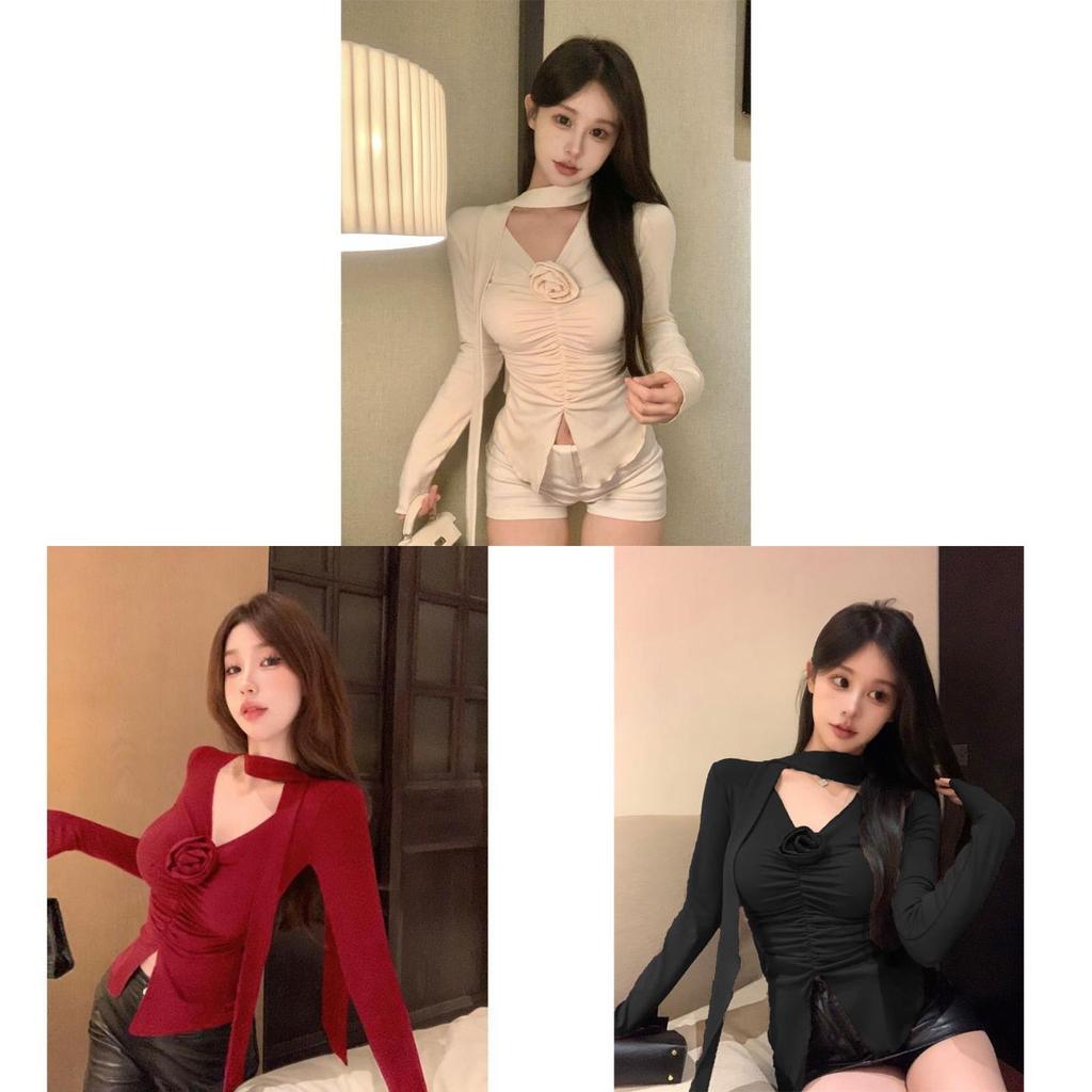 Long Sleeve Spliced Ruffle Flower V Neck T Shirt For Women Spring Slim Fit Top