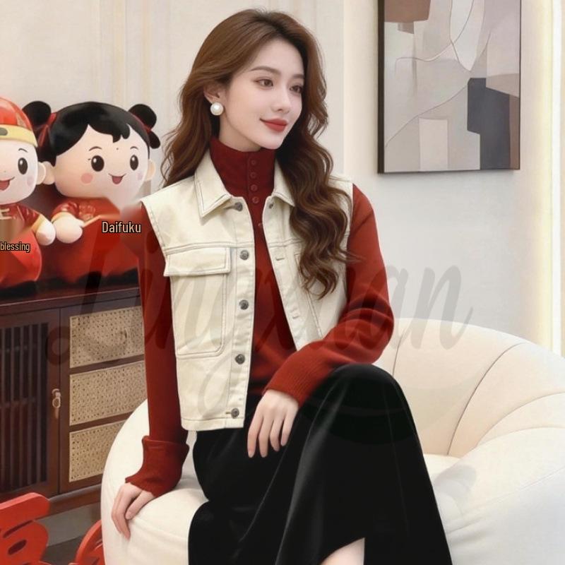 Весенний повседневный дизайнерский жилет - Универсальный, свободного кроя, без рукавов Medium грязно-белый