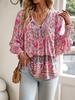 2025 Bohemian V-Neck Lace-Up Long-Sleeve Loose Fit Top for Women