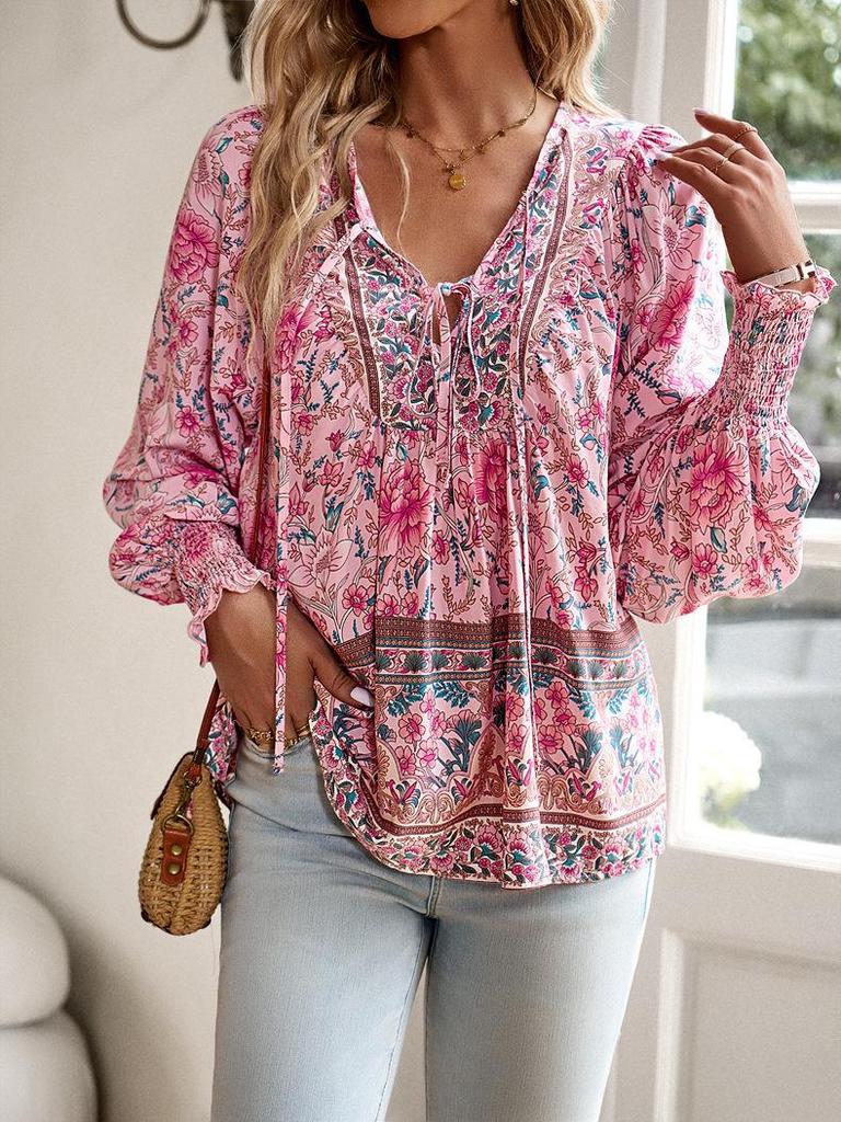 2025 Bohemian V-Neck Lace-Up Long-Sleeve Loose Fit Top for Women