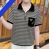 Letní dámský top středního věku na zip s klopou, pruhovaný, s krátkým rukávem, univerzální volné slim tričko jako základní vrstva