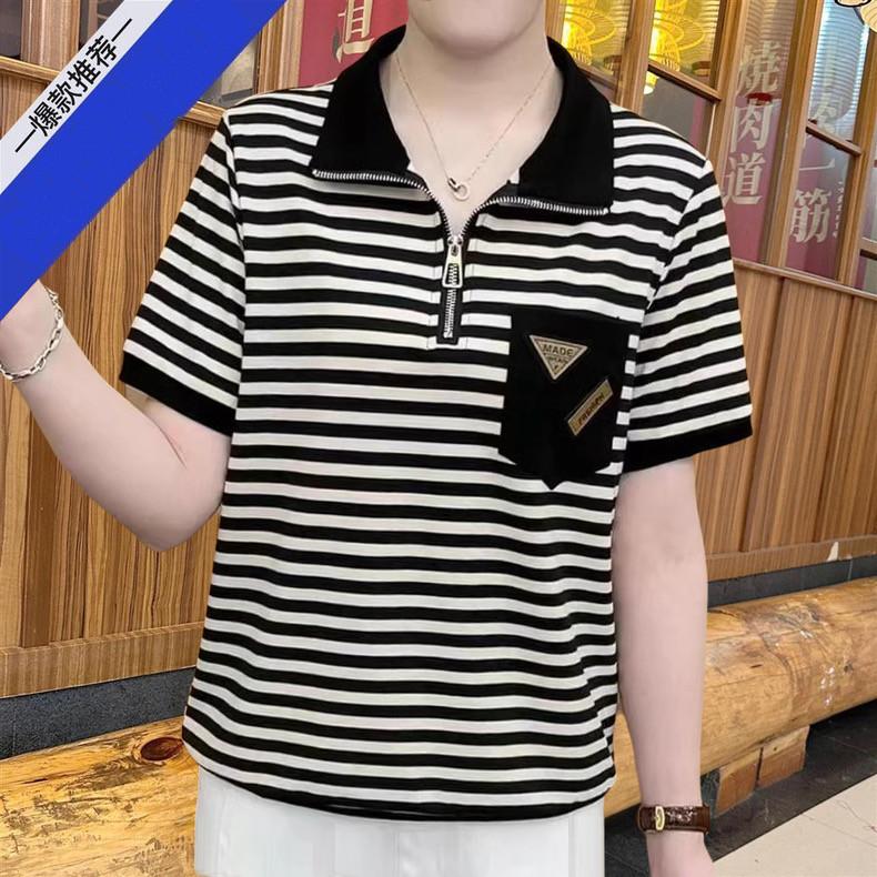 Letní dámský top středního věku na zip s klopou, pruhovaný, s krátkým rukávem, univerzální volné slim tričko jako základní vrstva