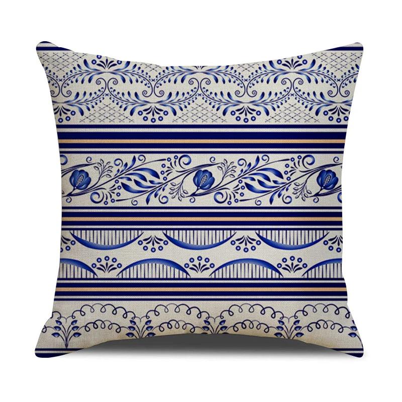 Chinese retro style blue and white ceramic printed fabric linen cotton throw pillow wrapped sofa home decoration pillow