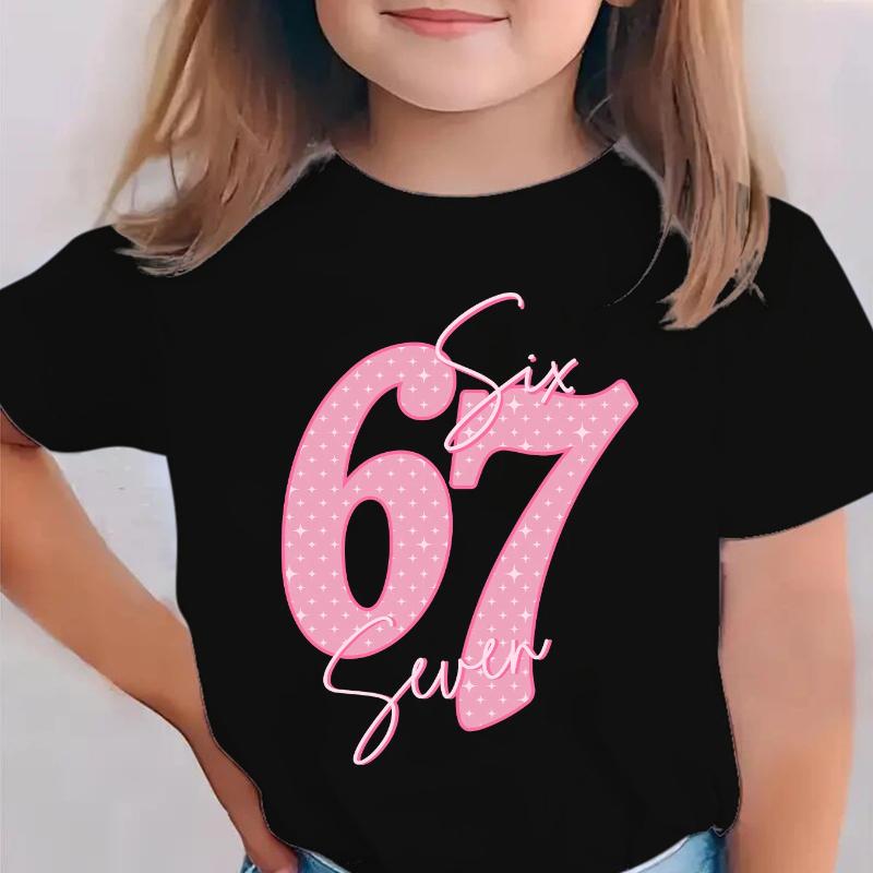 Girls' 67 Number 67 T-Shirt - 6th Party Outfit with Number 67 Print, Short Sleeve Round Neck Casual Summer Top for, Year-Round Wear