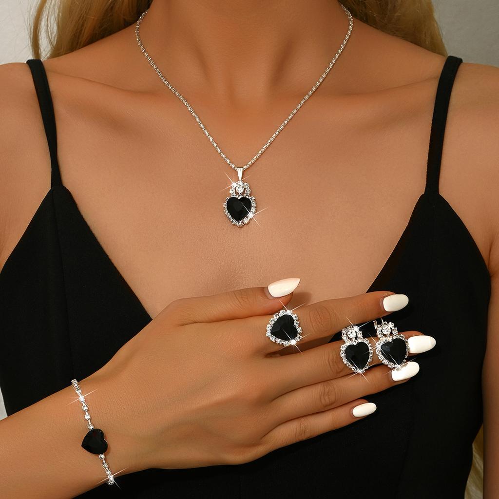 Love Rhinestone Necklace Earrings Ring Jewelry Four-Piece Set High-End Bridal Jewelry