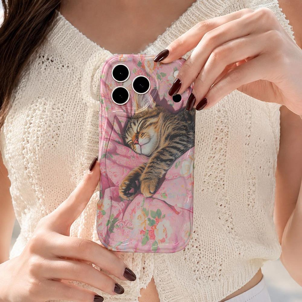 Sleep Tabby Cat Floral Pillow Wavy Edge Phone Case For iPhone 16 15 14 Pro Max 13 12 11 Mini XR XS SE 2020 7 8 Air Cover