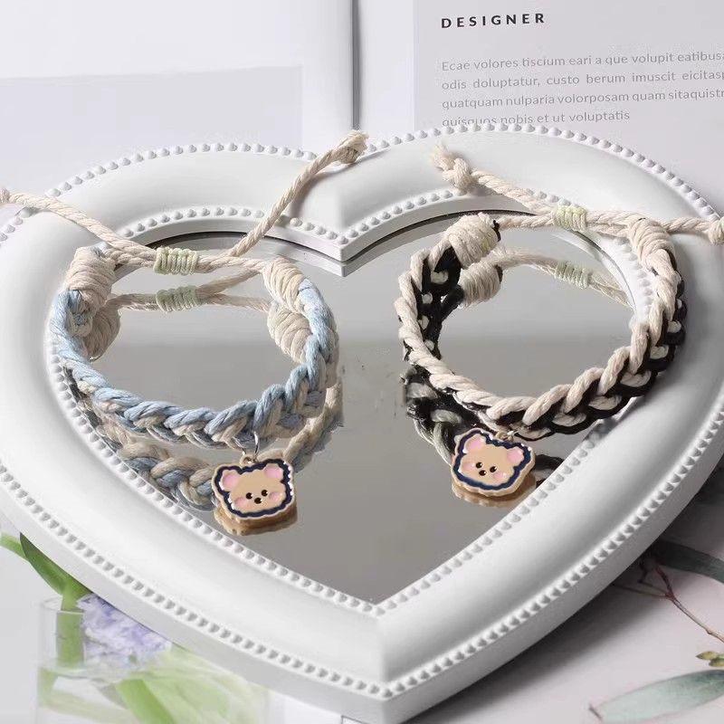 High-Value Cartoon Bestie Trio Magnetic Bracelets: Cute Bear Woven Adjustable Hand Rope for Couples