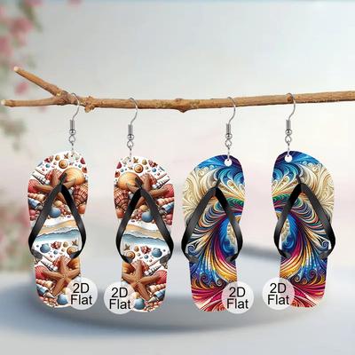 Charmantes Boucles d'Oreilles Vacances Style Océan Acrylique pour Femmes Filles, Tongs Dessin Animé avec Étoile de Mer Coquillage Vie Marine Créoles Bijoux
