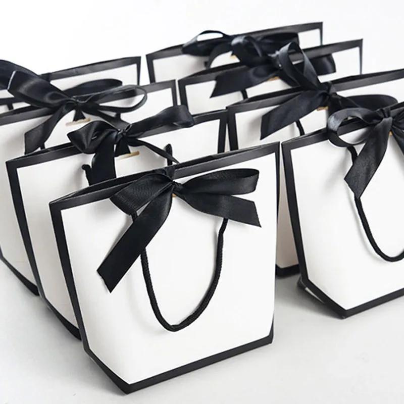 Portable Shopping Handbag White Cardboard Paper Tote With Black Border Gift Packing Bags Large Capacity Sundries Storage