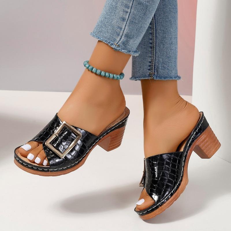 Snake Pattern Fish Mouth High Heel Slippers Women's Summer New Large Size Thick Heel Square Buckle One-character Slippers