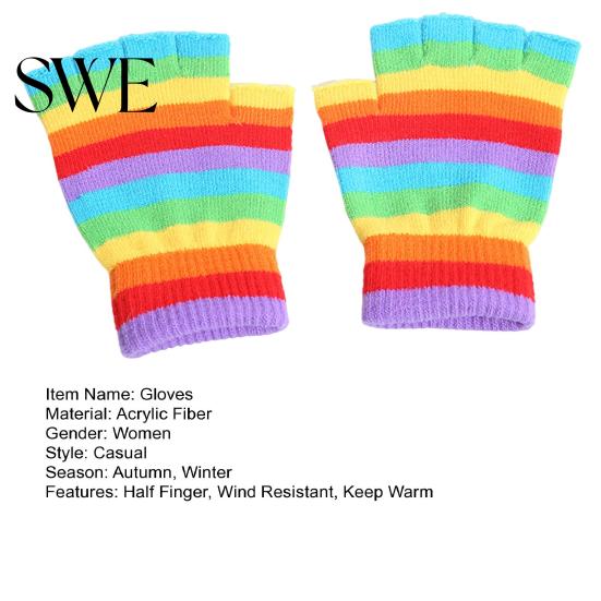 Winter Gloves 1 Pair Students Half Finger Knitted Colorful Rainbow Stripe Stretchy Comfortable Girls Keep Warm Super Soft Autumn Women Writing Gaming