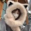 Windproof Plush Vixen Ear Beanie Hat Thicken Hooded Scarf Cute Integrated Cap Scarf  Outdoor