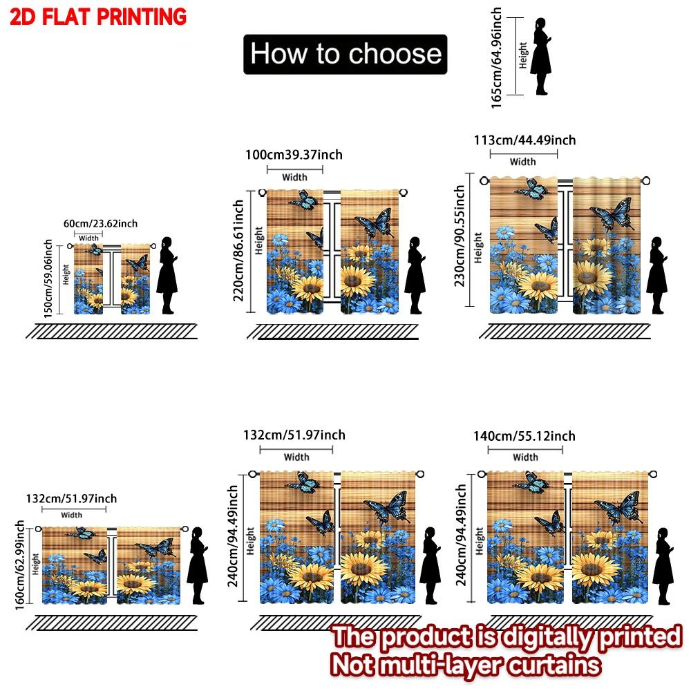 Set Of 2 Modern Butterfly Sunflower Curtains Flat Digital Printing Blue Yellow Floral Pattern Window Drapes Living Room Bedroom Curtain Polyester