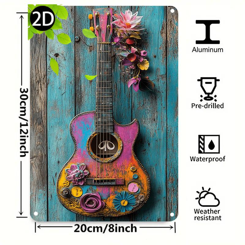 

D Flat Retro Guitar and Floral Metal Wall Decor Sign Colorful Iron Decoration with Peace Symbol Ideal for Home 20x30cm（7.8x11.8inch）