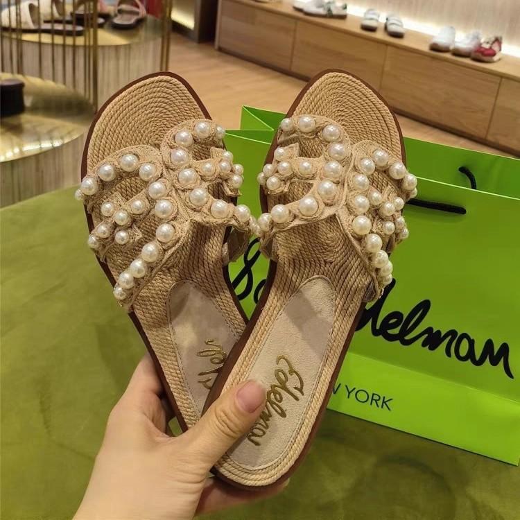 High-end sheepskin version~ Yu Shuxin's same pearl shell straw-woven flat-bottomed slippers for women to wear French sandals new