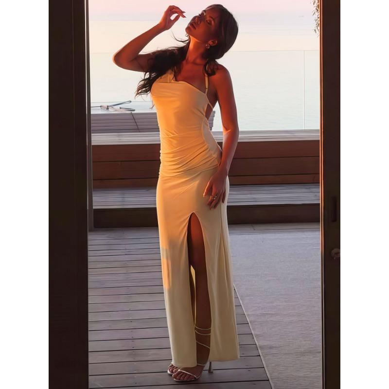 Summer Halter Neck Women s Long Dress Hot Selling Slim Backless Slit Dress Wholesale S жёлтый