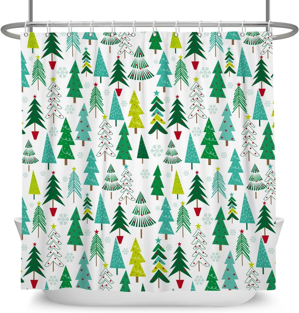 Boho Christmas Trees Shower Curtain Geometric Pattern Xmas Trees Shower Curtain Green Blue Red Merry Christmas New Year Shower