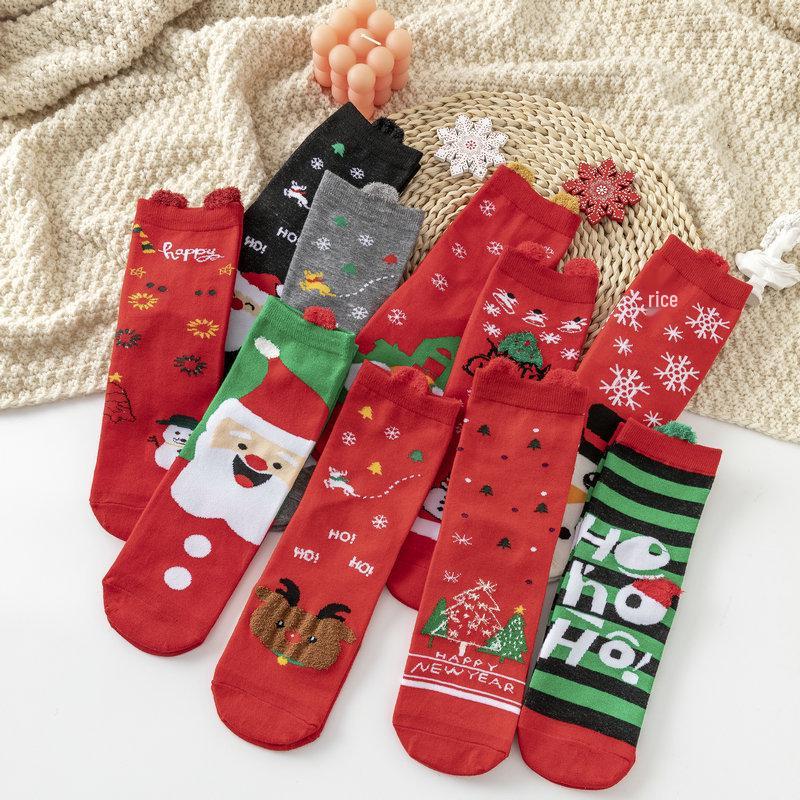 Cute Elk Cartoon Socks with 3D Ears – Red, Cotton for Autumn & Winter, Japanese Style, Perfect for Christmas
