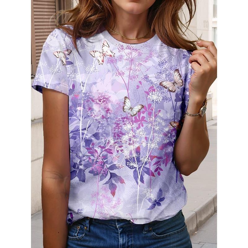 Women's T-shirt Summer 3D Digital Printed Casual Round Neck Plant Flower Series Short Sleeve T Shirts