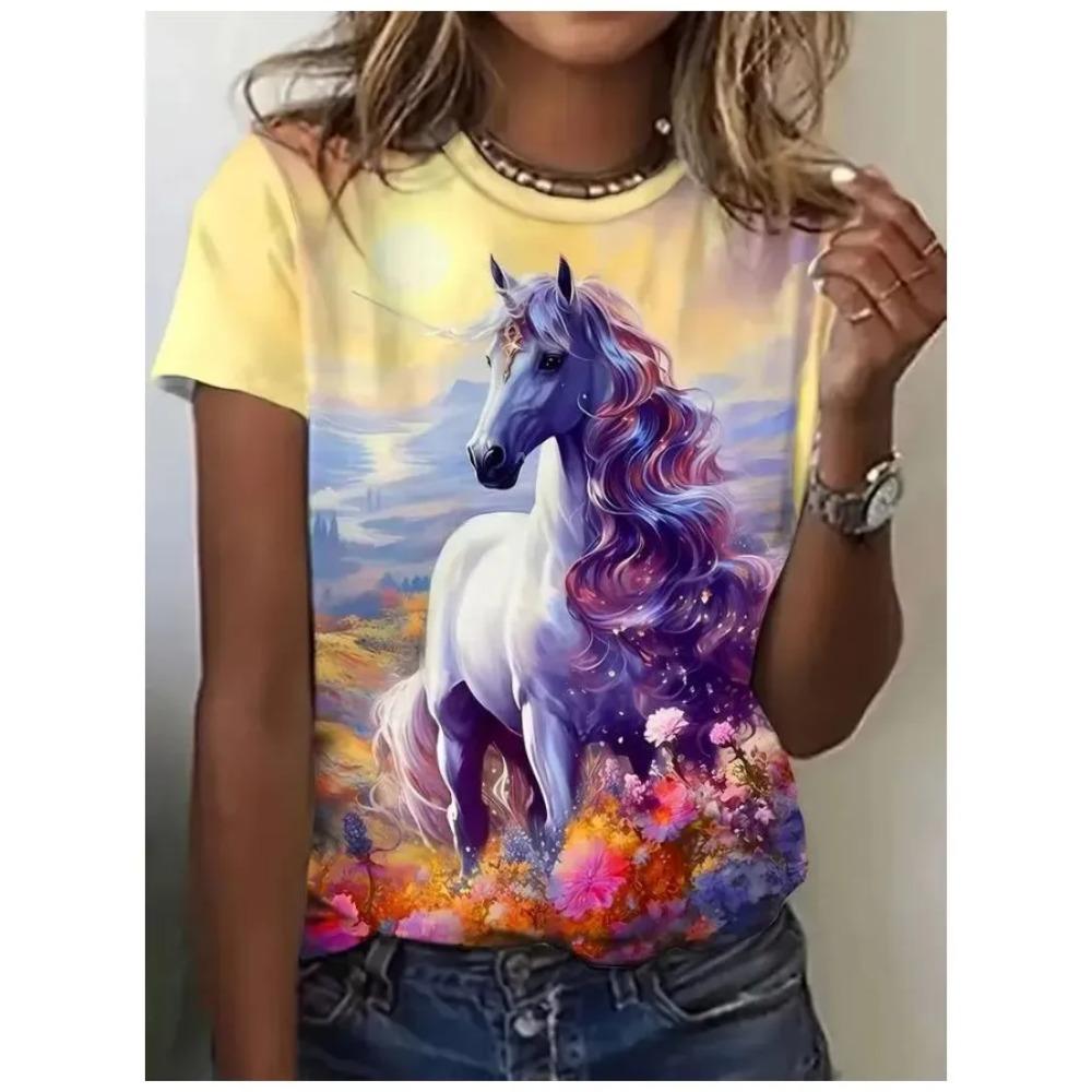Summer Women's Fashionable Comfortable Round Neck Short Sleeved T-shirt Colorful Animals 3d Printing Casual Loose Breathable Soft Plus Size T-shirt