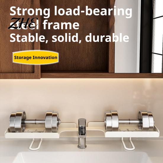 Bathroom Counter Organizer Foldable Faucet Storage Rack, 180 Degree Straight Deployment And 90 Corner No Drill Shelf Turn Two Installation Way,