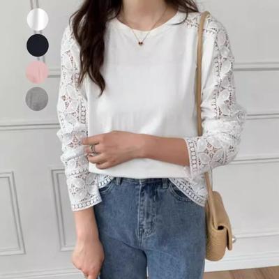 Good Quality Autumn Winter Japanese Korean Solid Color Lace Pullover Round Neck Loose Long Sleeved T-shirt for Women