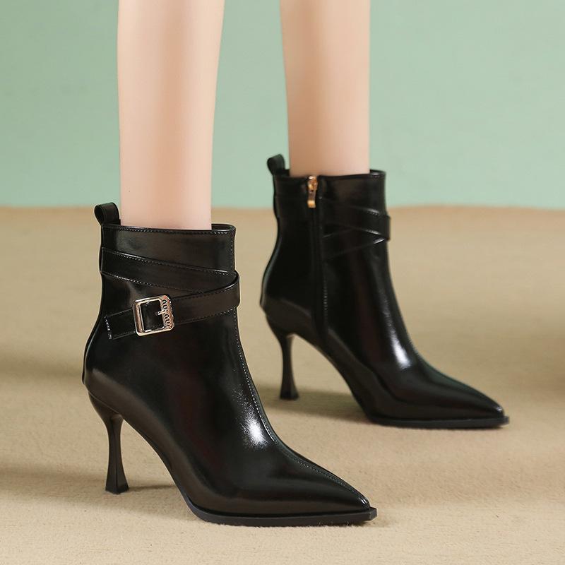 Thin heel Martin boots women's autumn and winter beautiful short boots design sense belt buckle pointed side zipper high heel boots