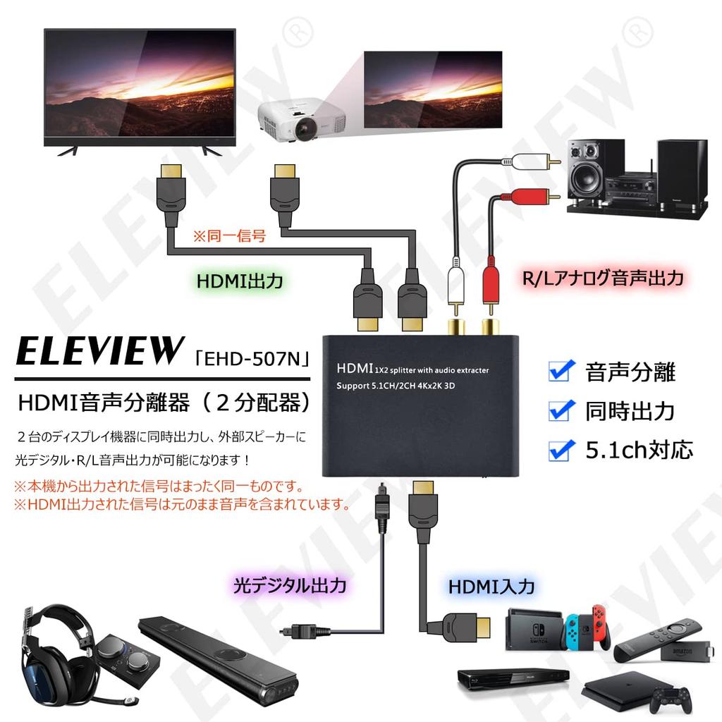 ELEVIEW HDMI 4K Audio 1 2 Outputs Optical Red Audio Compatible with Dual Screen Simultaneous Audio Separator Splitter, HDCP1.4, Separator, Input,