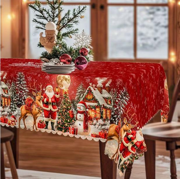 Vintage Winter Wonderland Christmas Tablecloth with Santa Reindeer & Snowman Patterns - Rectangular Table Cover