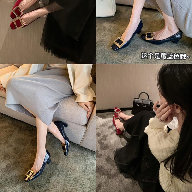 [] Workplace artifact~ Square head square buckle shallow mouth thick high heel ol single shoes women's wedding shoes commuter shoes