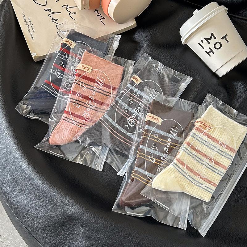 Retro Color-blocking Striped Socks for Women, Mid-calf Socks In Autumn, Trendy Letter-label Pile Socks, Boneless Socks